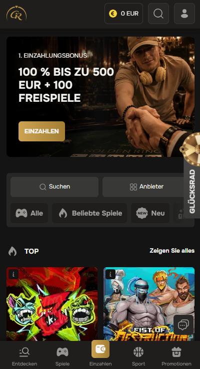 Startseite im Golden Ring Casino zeigt Einzahlungsbonus und top Spiele
