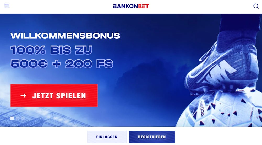 Bankonbet Casino Startseite mit Suchoption, Willkommensbonusbanner und Anmeldebuttons