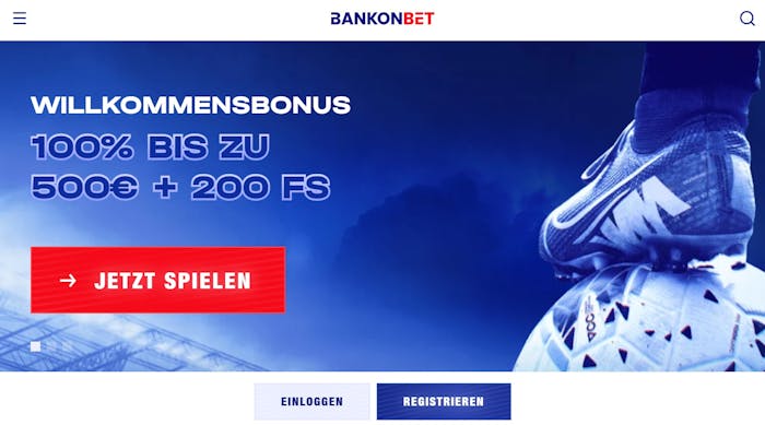 Bankonbet Casino Startseite mit Suchoption, Willkommensbonusbanner und Anmeldebuttons