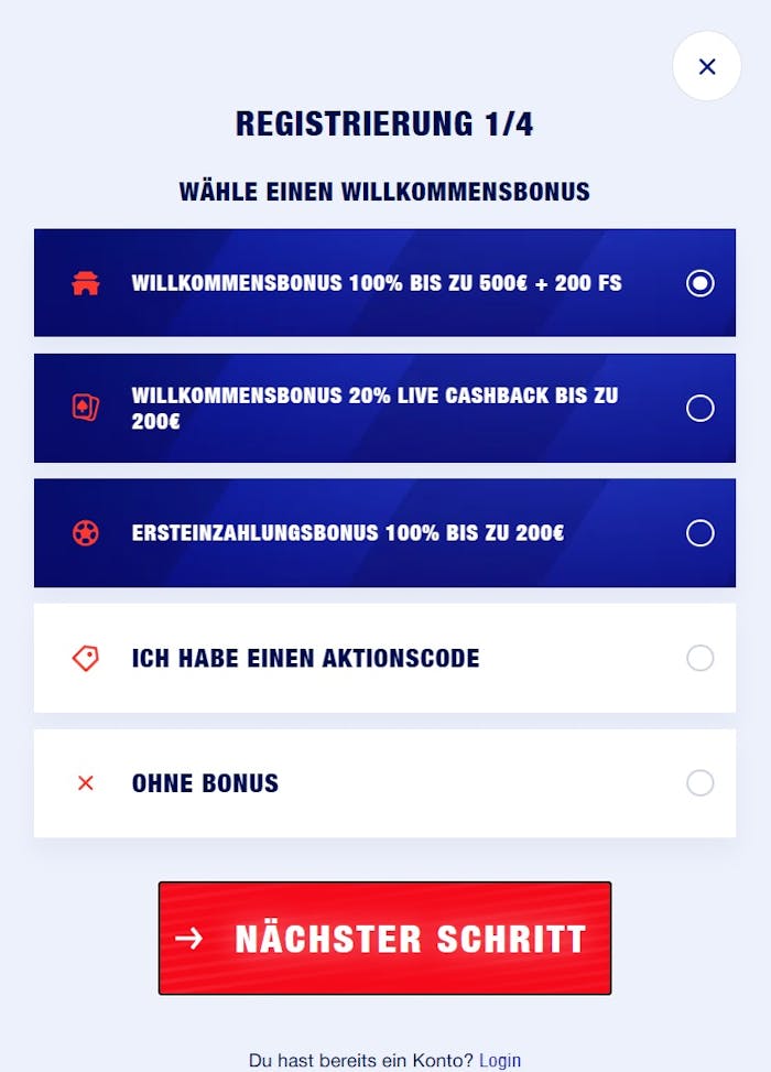 Bankonbet Casino Anmeldeformular mit Auswahl von Willkommensbonus, Live Cashback, Ersteinzahlungsbonus, Aktionscode oder keinem Bonus