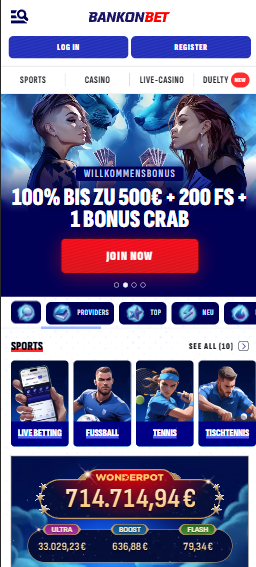 Bankonbet Casino Startseite mit Suchoption, Willkommensbonusbanner und Anmeldebuttons