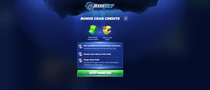 Screenshot vom Bassbet Casino mit dem Bonus Crab Angebot im Casino.