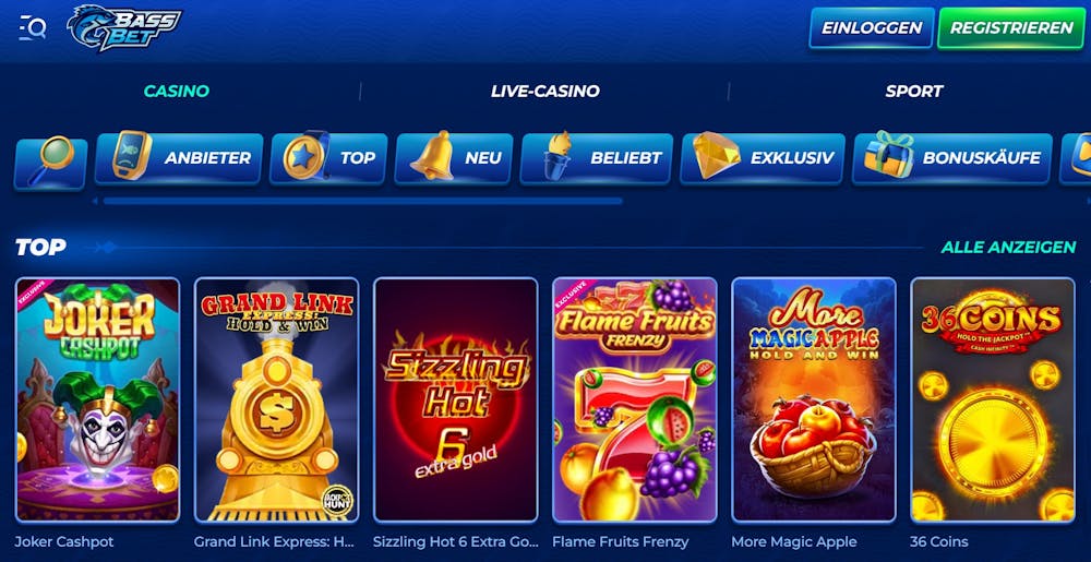 Die Spielauswahl bei Bassbet Casino mit vielen verschiedenen Titeln, wie Joker Jackpot und 36 Coins