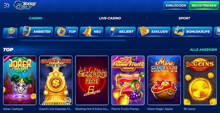 Die Spielauswahl bei Bassbet Casino mit vielen verschiedenen Titeln, wie Joker Jackpot und 36 Coins