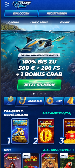 Die Homepage von Bassbet Casino, im Hintergrund sehen wir eine Unterwasser Szenerie, dazu eine Beschreibung über den Willkommensbonus von 100 % bis zu 500 € + 300 Freispiele + 1 Bonus Crab