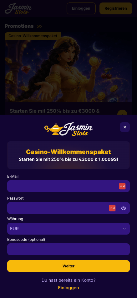 Anmeldeformular im Jasmin Slots Casino