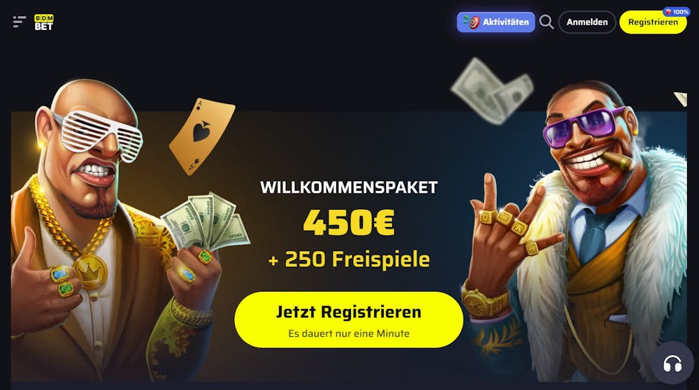 Screenshot vom BDMbet Casino. Angezeigt werden 2 Menschen mit Mantel und Sonnenbrillen, welche Geldscheine bzw Spielkarten hochwerfen. Mittig der Willkommensbonus als Anzeige