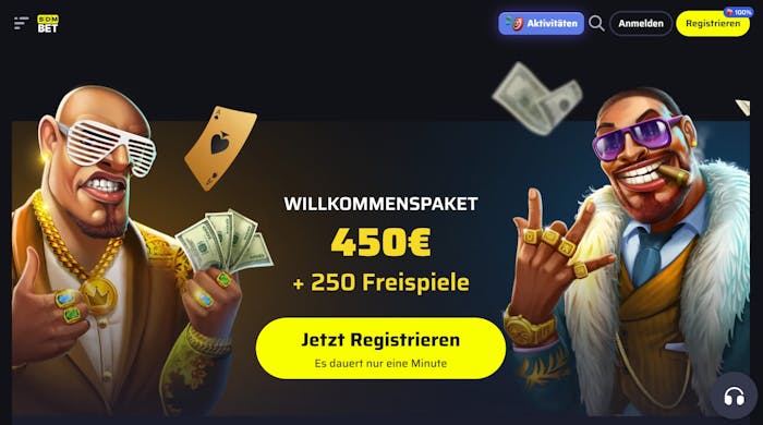 Screenshot vom BDMbet Casino. Angezeigt werden 2 Menschen mit Mantel und Sonnenbrillen, welche Geldscheine bzw Spielkarten hochwerfen. Mittig der Willkommensbonus als Anzeige