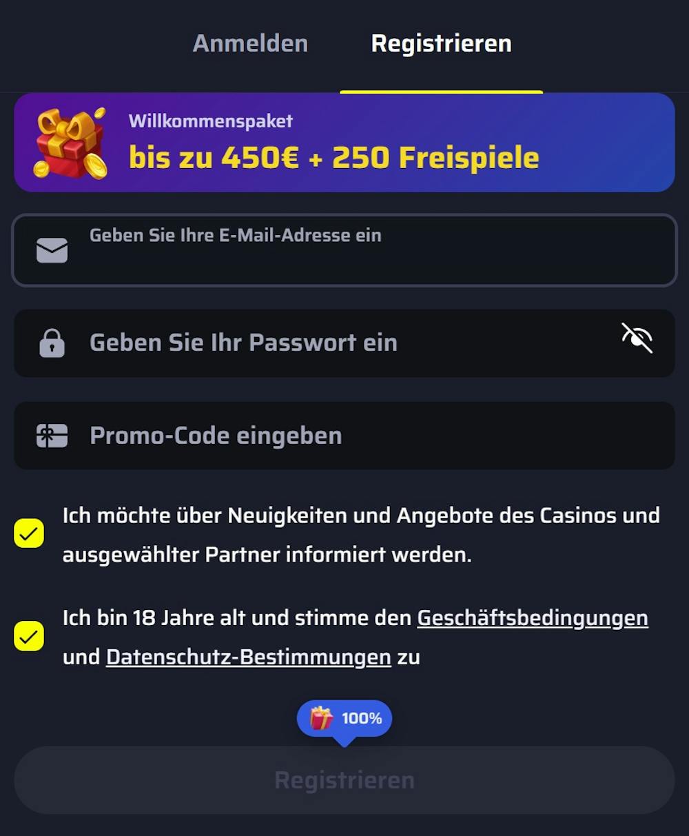 Screeshot des BDMbet Casinos mit der Anmeldemaske, in welche Spieler ihre Daten zur Anmeldung eingeben