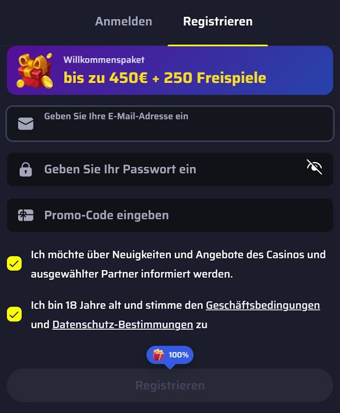 Screeshot des BDMbet Casinos mit der Anmeldemaske, in welche Spieler ihre Daten zur Anmeldung eingeben