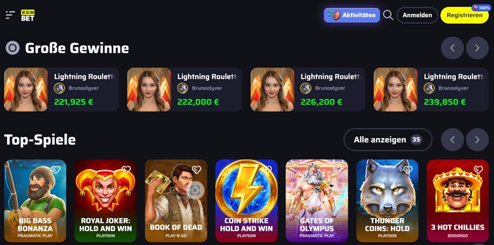 BDMbet Casino Screenshot mit der Auswahl der Spiele auf schwarzem Hintergrund