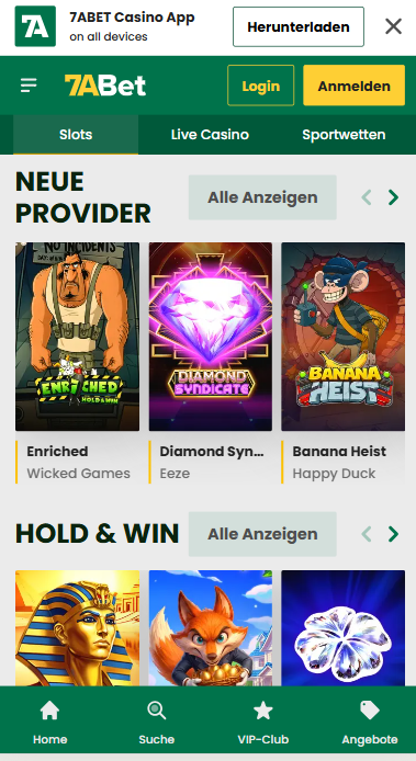 7ABet Screenshot mit dem Apparat Gaming Casino Angebot.