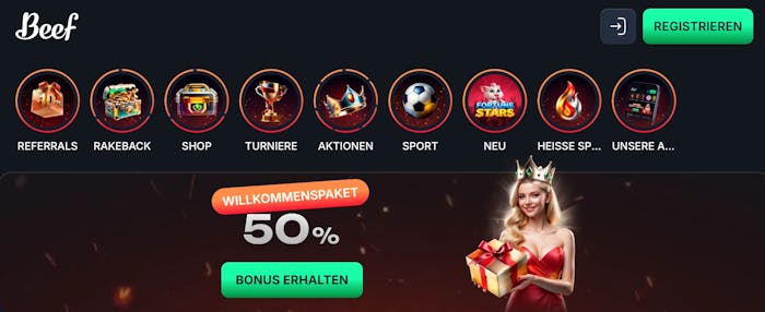 Screenshot vom Beef Casino mit der Startseite, auf welcher man den Willkommensbonus sieht.