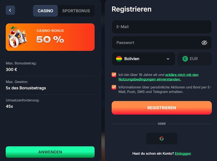 Beef Casino Screenshot mit der Anmeldeseite.