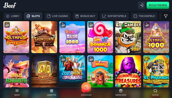 Beef Casino Screenshot mit der Slot Spiele Auswahl.