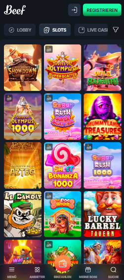 Beef Casino Spiellobby zeigt Spiele wie Gates of Olympus 1000