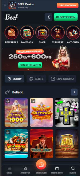 Screenshot vom Beef Casino mit der Startseite, auf welcher man den Willkommensbonus sieht.