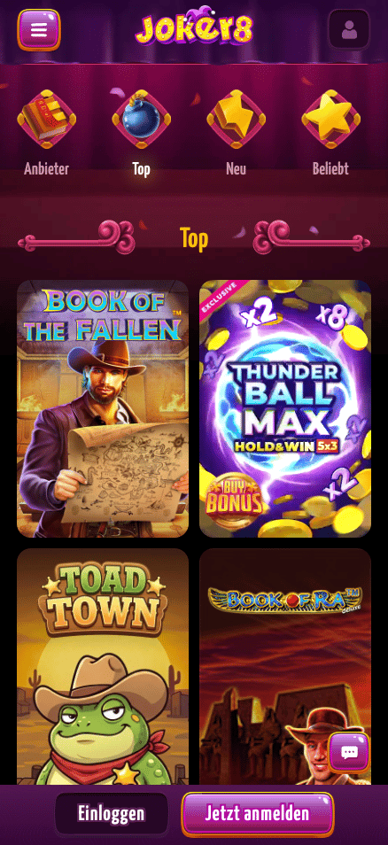 Spiellobby im Joker8 Casino zeigt top Spiele wie Book of the Fallen neben anderen Spielkategorien