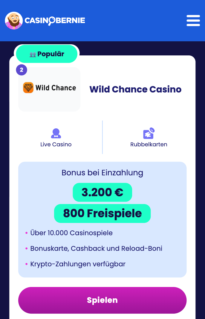 Beispiel des Wild Chance Casinos auf der Liste von Casinos ohne deutsche Lizenz