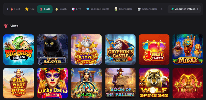 Spiellobby im Belabet Casino zeigt Slots wie Big Bass Bonanza neben anderen Spielkategorien