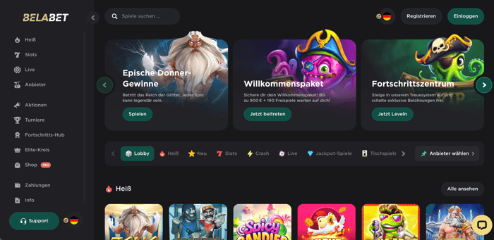Startseite im Belabet Casino zeigt Menü, Boni und Spielkategorien