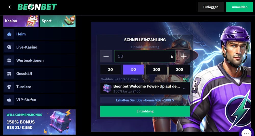 Die Homepage von Be on Bet Casino, links unten eine Beschreibung über den Willkommensbonus von 150 % bis zu 450 €