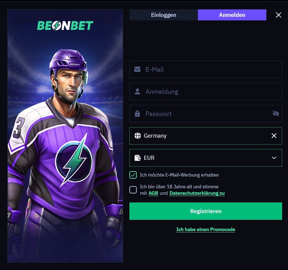 Das Registrierungsformular bei Be On Bet Casino