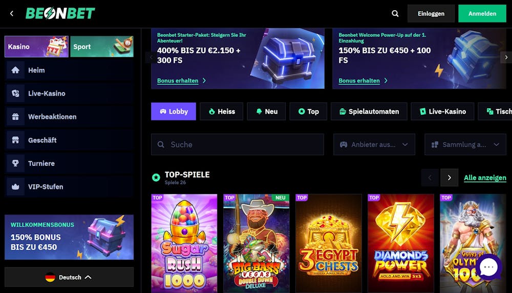 Die Spielauswahl von Be on Bet Casino mit vielen verschiedenen Titeln wie 3 Egypt Chests und Sugar Rush 1000 