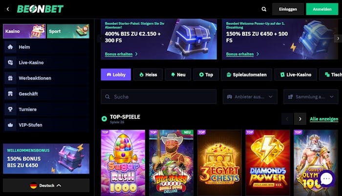 Die Spielauswahl von Be on Bet Casino mit vielen verschiedenen Titeln wie 3 Egypt Chests und Sugar Rush 1000 