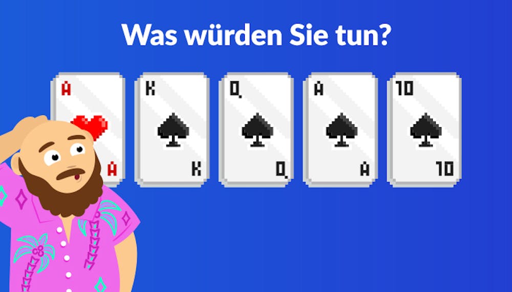 Bild mit Bernie, der neben Pokerkarten steht und sich fragt, was er nun tun soll.