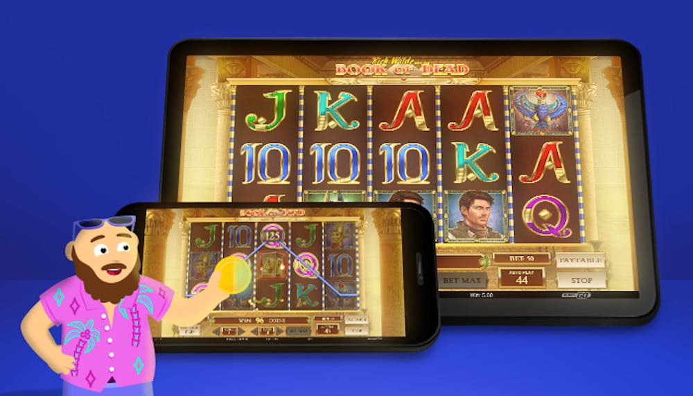 CasinoBernie vor mobiler Version von Book of Dead auf einem Smartphone und einem Tablet