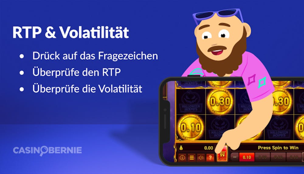 Bernie, der über einem Slotspiel lehnt und dabei auf das Fragezeichen deutet, um zu zeigen, wo man die Informationen über den RTP und die Volatilität einsehen kann