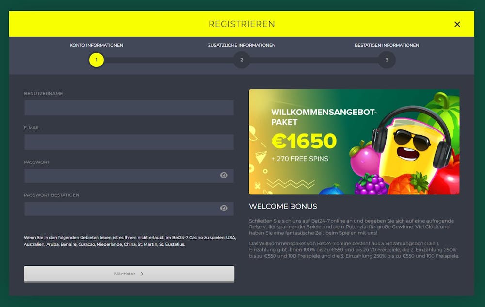 Bet24-7 Casino Registrierung