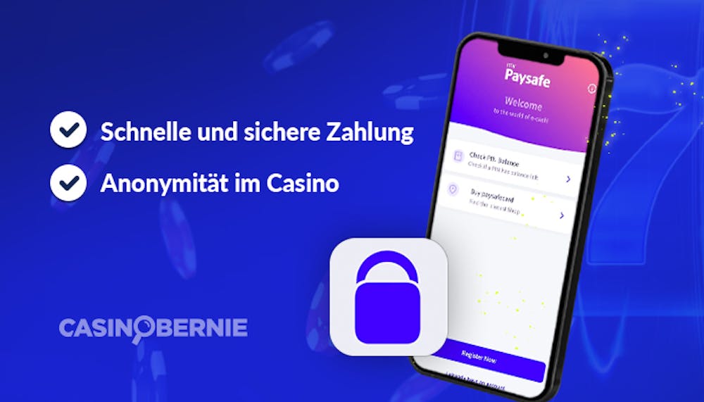 Abbildung der Vorteile von Paysafe Online Casinos neben einer Abbildung der Paysafe Webseite auf einem Smartphonebildschirm und einem Schloss-Piktogramm