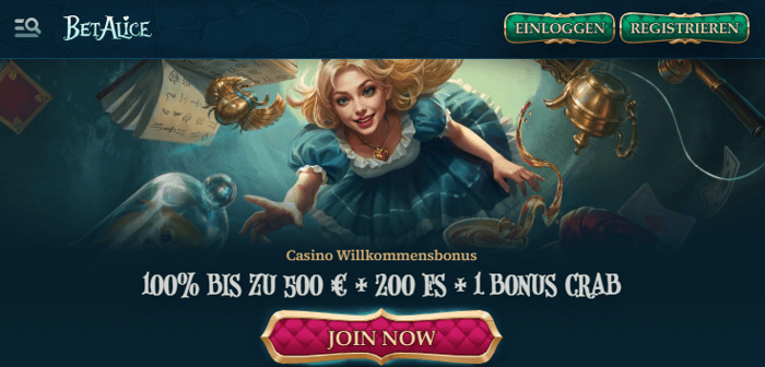 Bet Alice Casino Screenshot mit der Startseite, auf welcher man den Willkommensbonus samt Bonus Crab sieht.