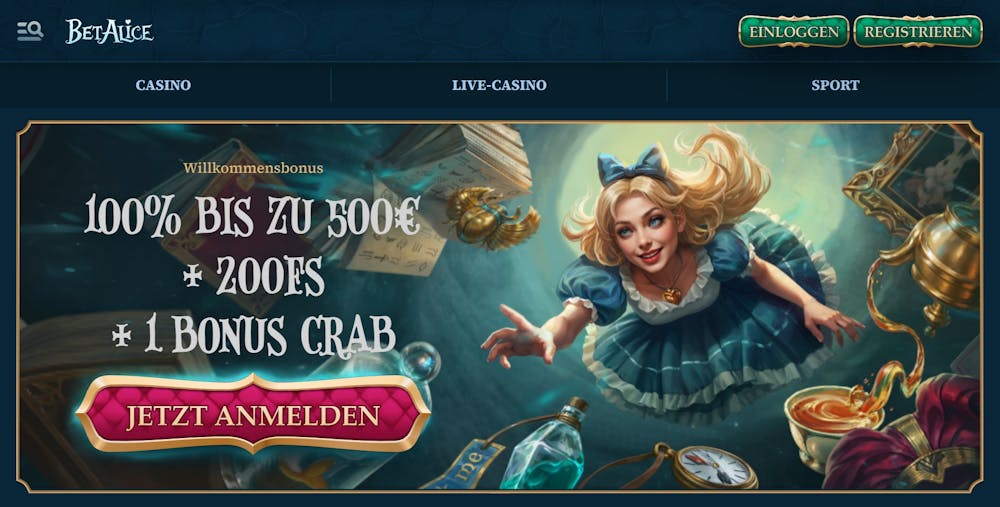 Startseite im Bet Alice Casino zeigt Willkommensbonus und Casino Bereiche