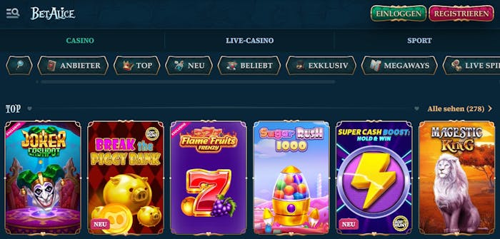 Spiellobby im Bet Alice Casino zeigt Top Spiele wie Joker Cashpot neben anderen Spielkategorien