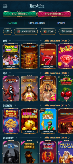 Spiellobby im Bet Alice Casino zeigt Top Spiele wie Book of Ra neben anderen Spielkategorien