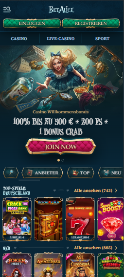 Startseite im Bet Alice Casino zeigt Willkommensbonus und Casino Bereiche