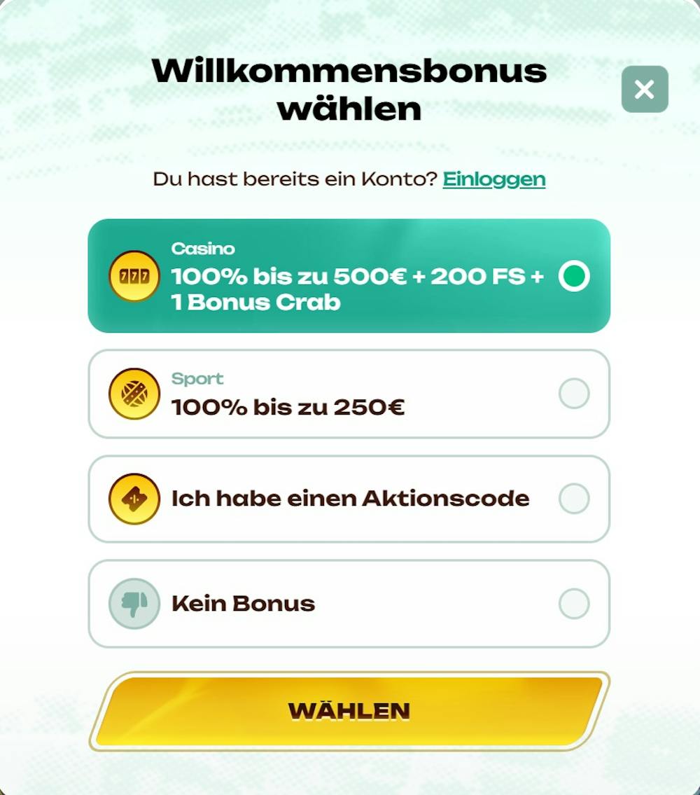 Betalright Casino Auswahl des Willkommensbonus, Sportbonus, Aktionscode oder kein Bonus