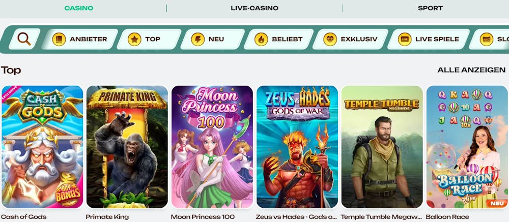 Betalright Casino Spiellobby mit top Spielen und Spielkategorien