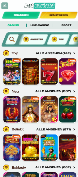 Betalright Casino Spiellobby mit top Spielen und Spielkategorien