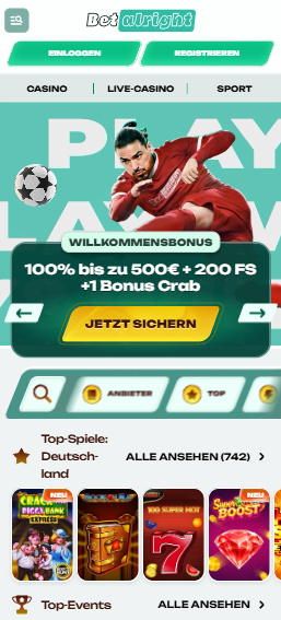 Betalright Casino Startseite mit Willkommensbonusbanner, Menü, Anmelde- und Loginbutton und Spielkategorien