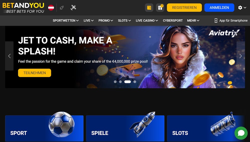 Die Homepage von Betandyou Casino mit verschiedenen Kategorien