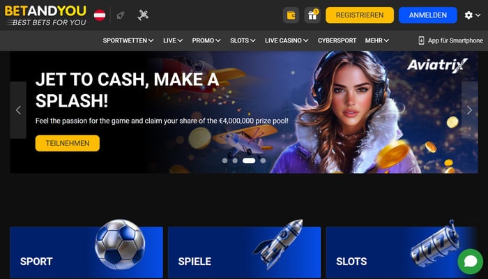 Die Homepage von Betandyou Casino mit verschiedenen Kategorien