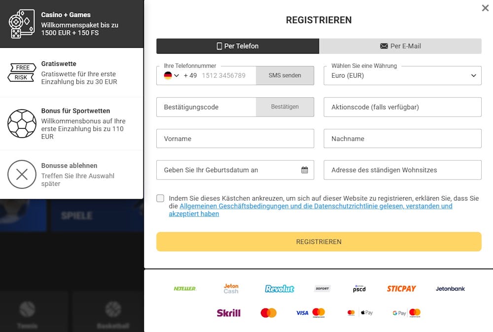 Das Registrierungsformular von Betandyou Casino