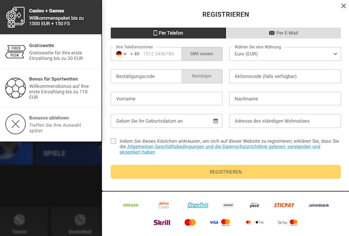 Das Registrierungsformular von Betandyou Casino