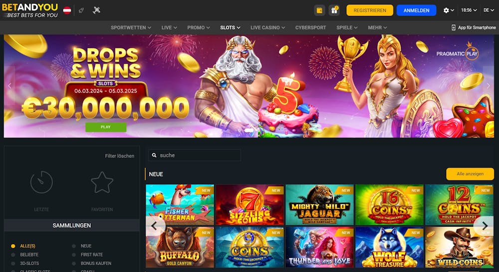 Die Spielauswahl bei Betandyou Casino mit einer Beschreibung über das Drops & Wins Turnier und dessen Preispool von bis zu 30.000.000 €