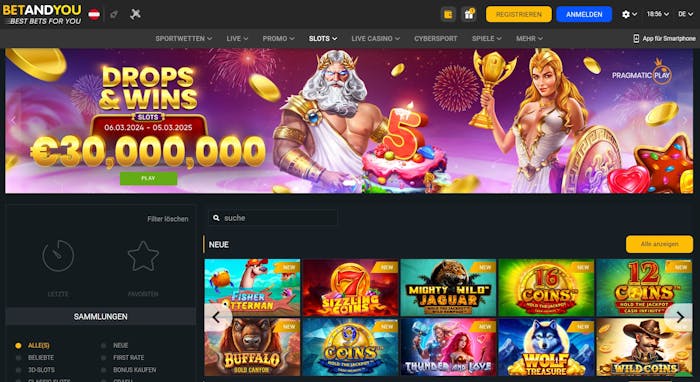 Die Spielauswahl bei Betandyou Casino mit einer Beschreibung über das Drops & Wins Turnier und dessen Preispool von bis zu 30.000.000 €
