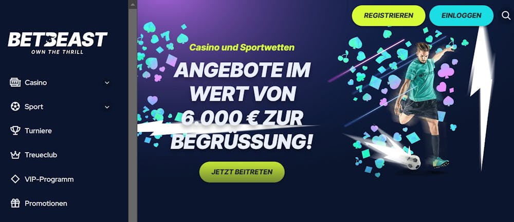 Homepage von BetBeast, links das Menü mit Punkten wie Casino, Sport und Promotionen, Rechts eine BEschreibung des Willkommensbonus von bis zu 6000€